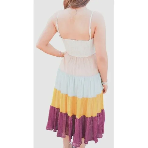 NWT Voy Linen Blend Spaghetti Strap Multi Color Dress W/ Smocked Back~Medium - Picture 9 of 9